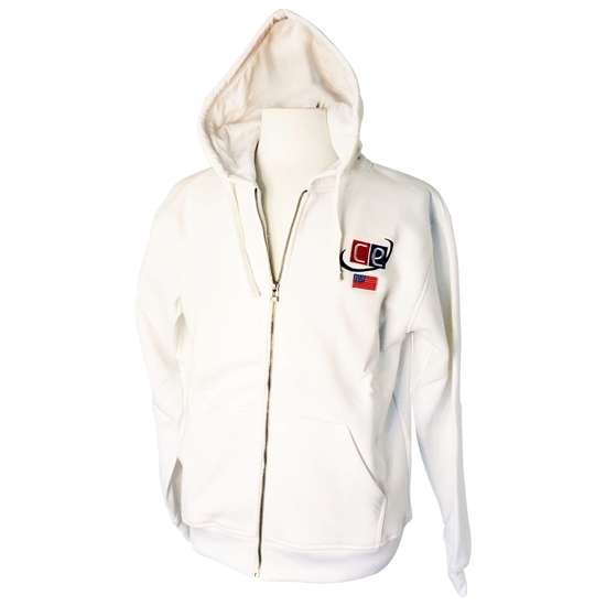 Picture of White Fleece Hoodie for Men - Sweatshirt with Silver Zipper USA Flag & CE Logo