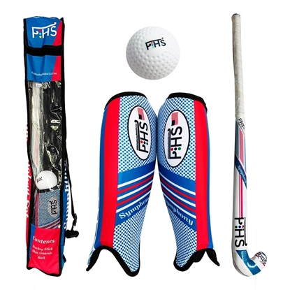 Picture of Field Hockey Set Symphony Wooden Stick Shin Guards Hockey Ball Carrying Bag Kids Junior, Available Sticks Sizes In Length 30’’, 32'' Inch & 34'' Inch